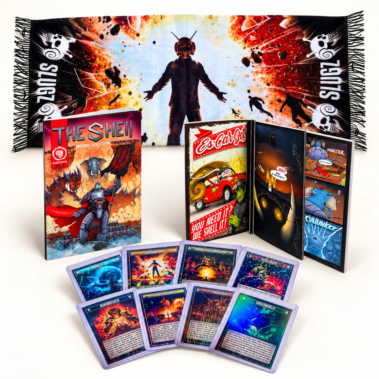SLUGZ Pashmina with both comic books and the complete eight-card set